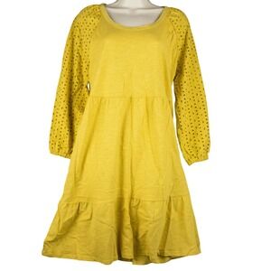 Time and Tru Womens‎ M 8/10 Yellow Eyelet Sleeve Babydoll Dress Midi Round Neck